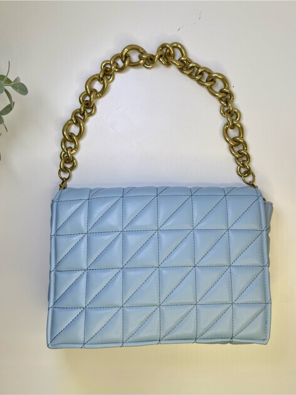 Zara Baby Blue & Gold Quilted Shoulder Bag Gold Chain Accent Strap - Picture 11 of 16